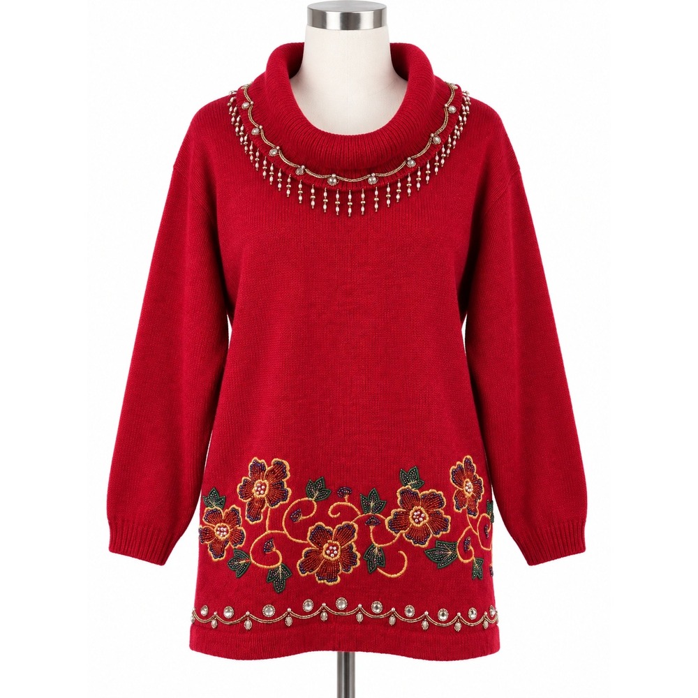 Victoria Jones Vintage Christmas Sweater M NWT Red Beaded Embroidered Holiday